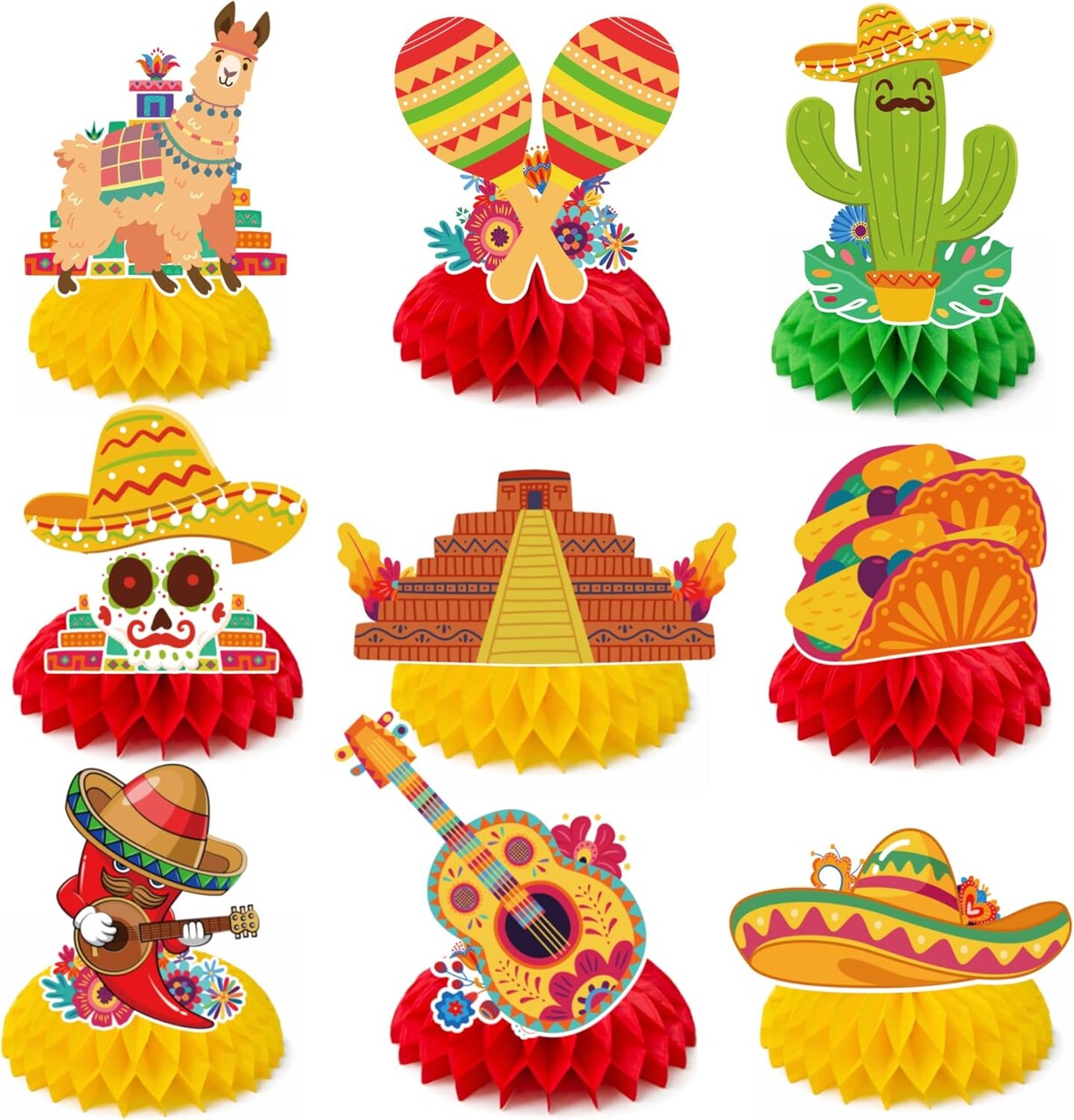 Cinco de Mayo 3D Honeycomb Table Centerpieces – 9PCS Fiesta Party Decorations Set for Mexican Theme Parties, Taco Night, Birthday & Indoor Outdoor Event Decor